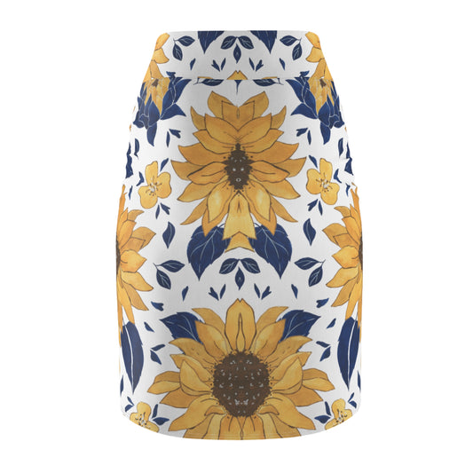 Sunflower Pattern Pencil Skirt — Floral Yellow & Navy AOP