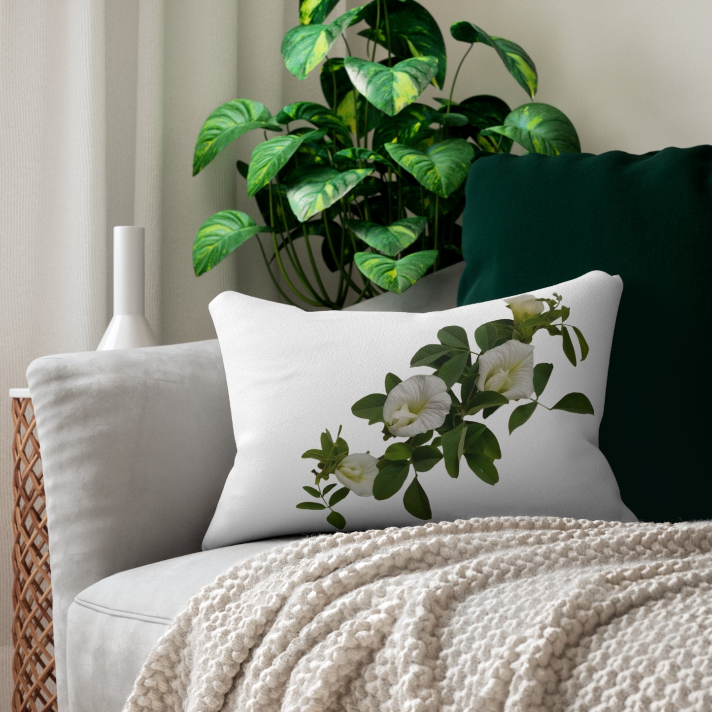 White Morning Glory Floral Lumbar Pillow - Botanical Accent Pillow