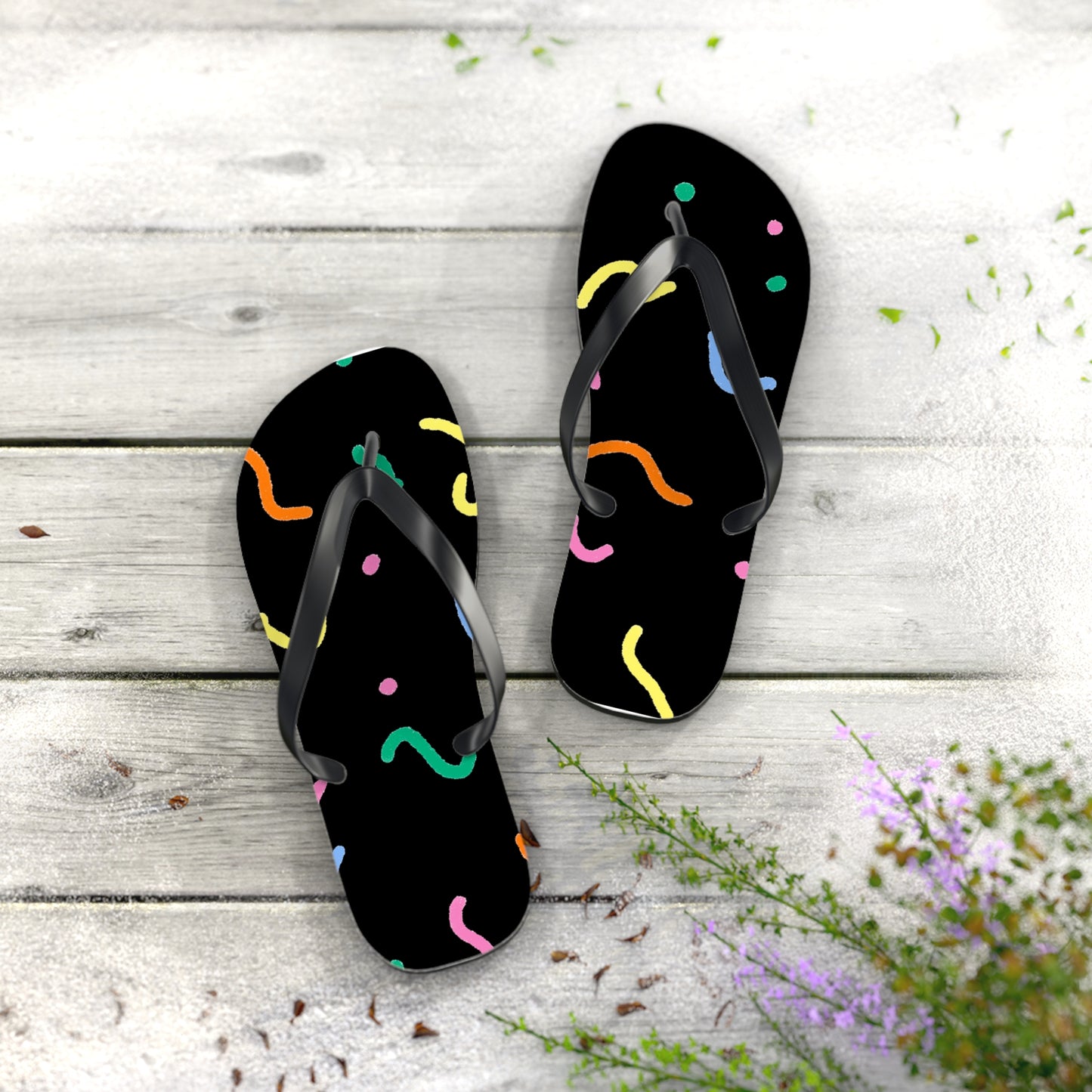 Confetti Doodle Flip Flops — Colorful Retro Summer Sandals