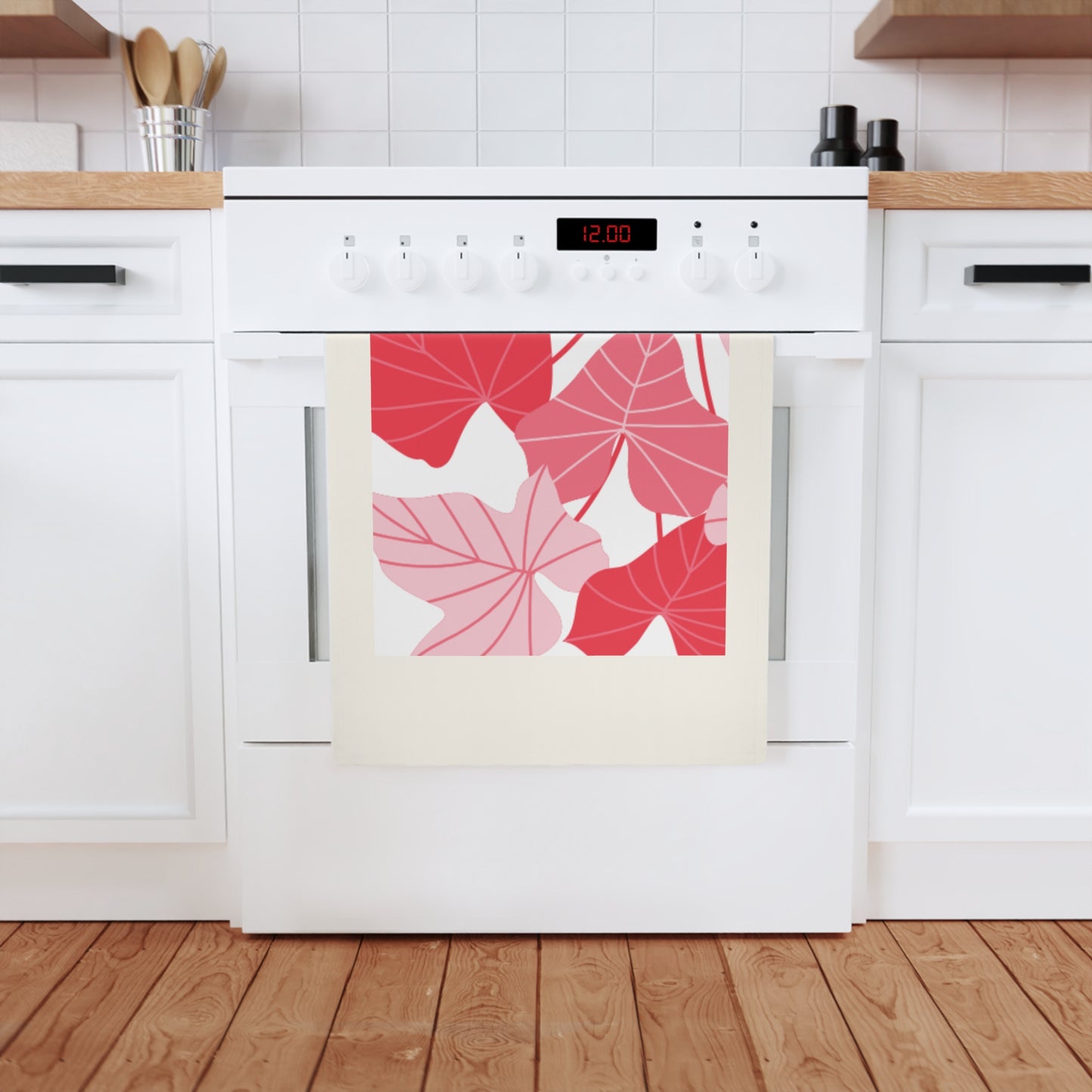 Pink Red Tropical Leaf Cotton Tea Towel — Floral Kitchen Towel, Modern Botanical Home Décor