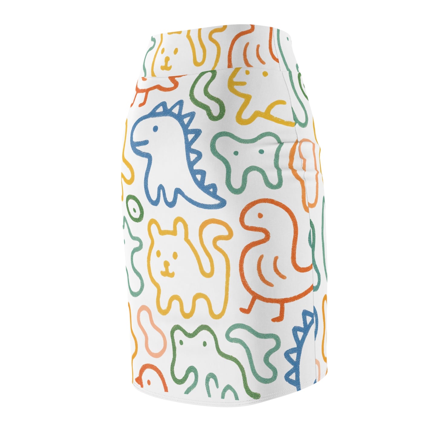 Cute Doodle Animals Pencil Skirt — Colorful Cartoon Dino & Cat All-Over Print