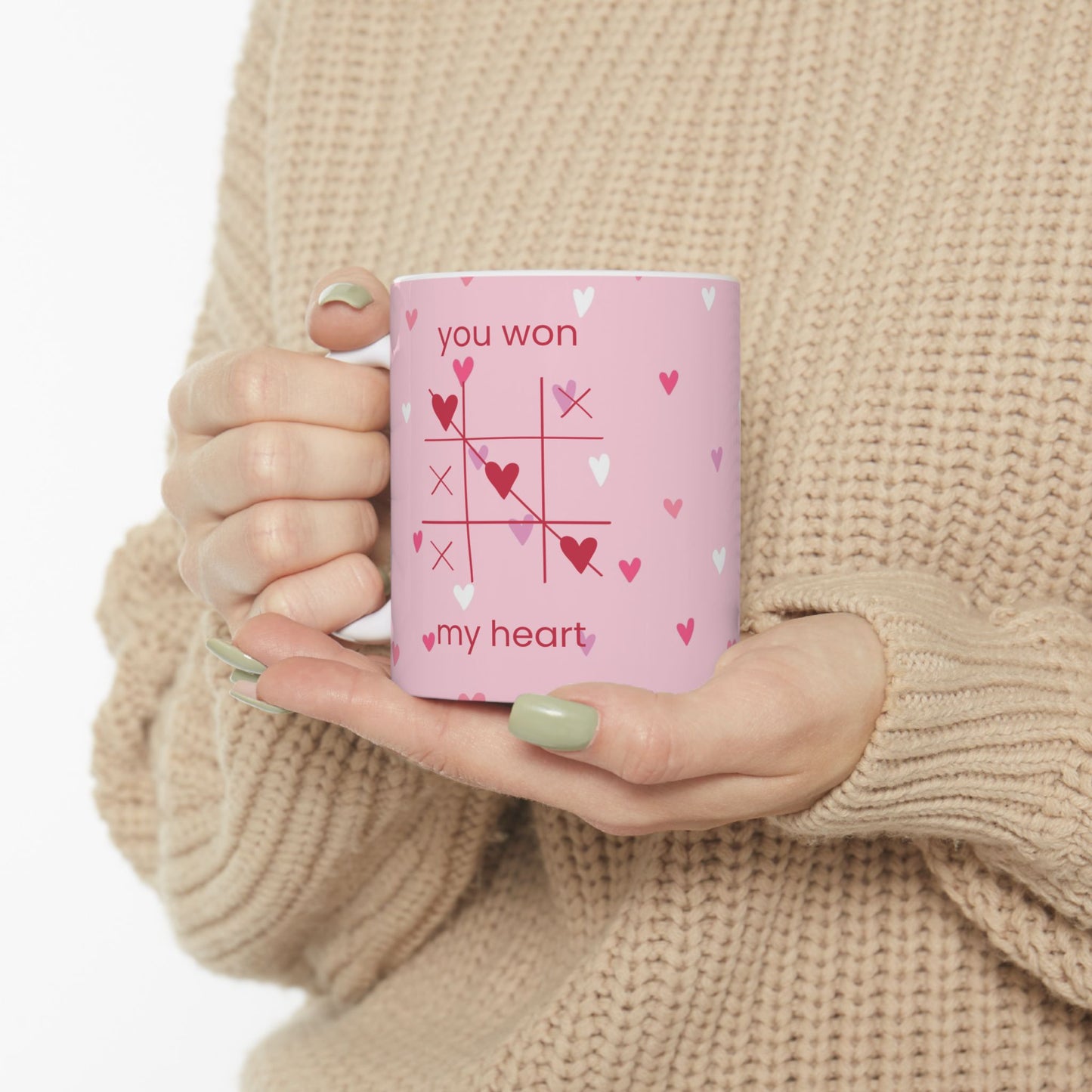 Valentine Tic-Tac-Toe Ceramic Mug — "You Win My Heart" Pink Heart Coffee Cup (11oz/15oz)