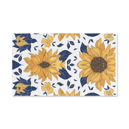 Sunflower Pattern Hand Towel — Yellow & Navy Floral Kitchen Towel