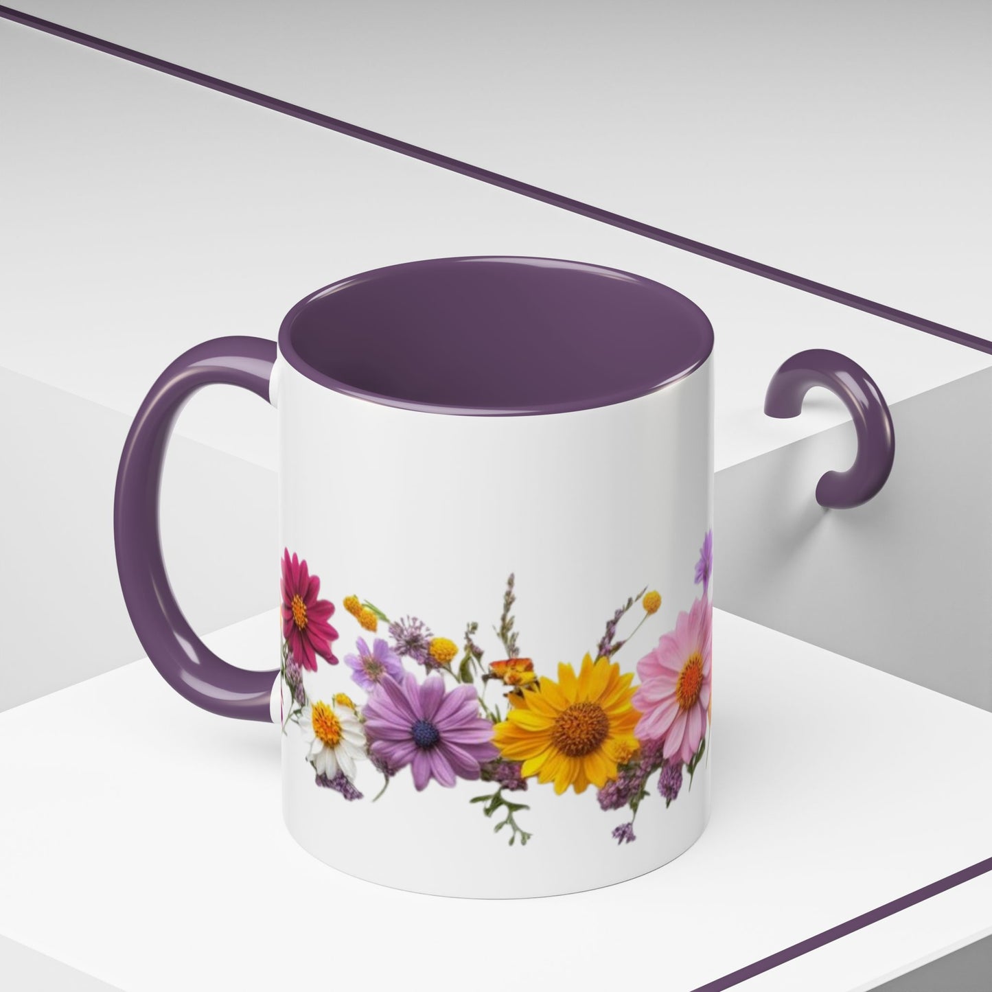 Floral Border Accent Coffee Mug — Colorful Daisy Bouquet 11/15oz