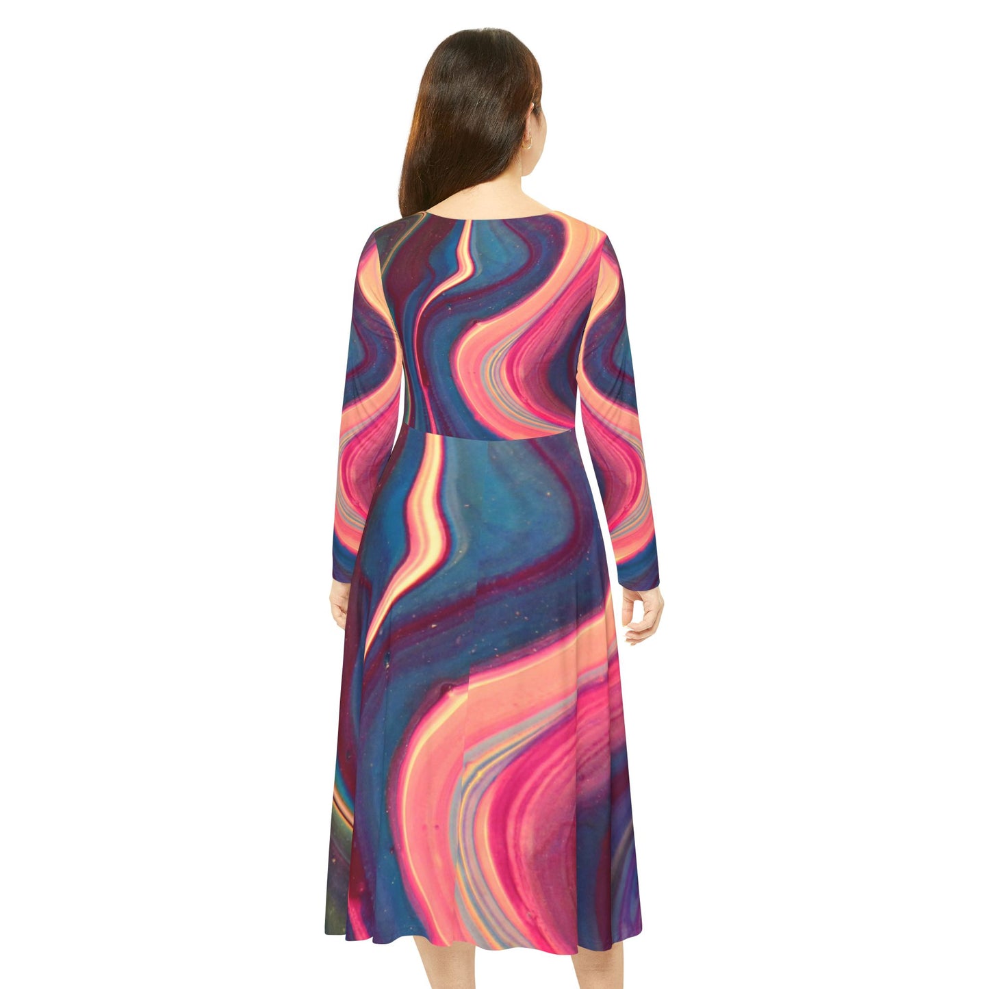 Swirl Marble Midi Dress — Colorful Long-Sleeve Dance Dress