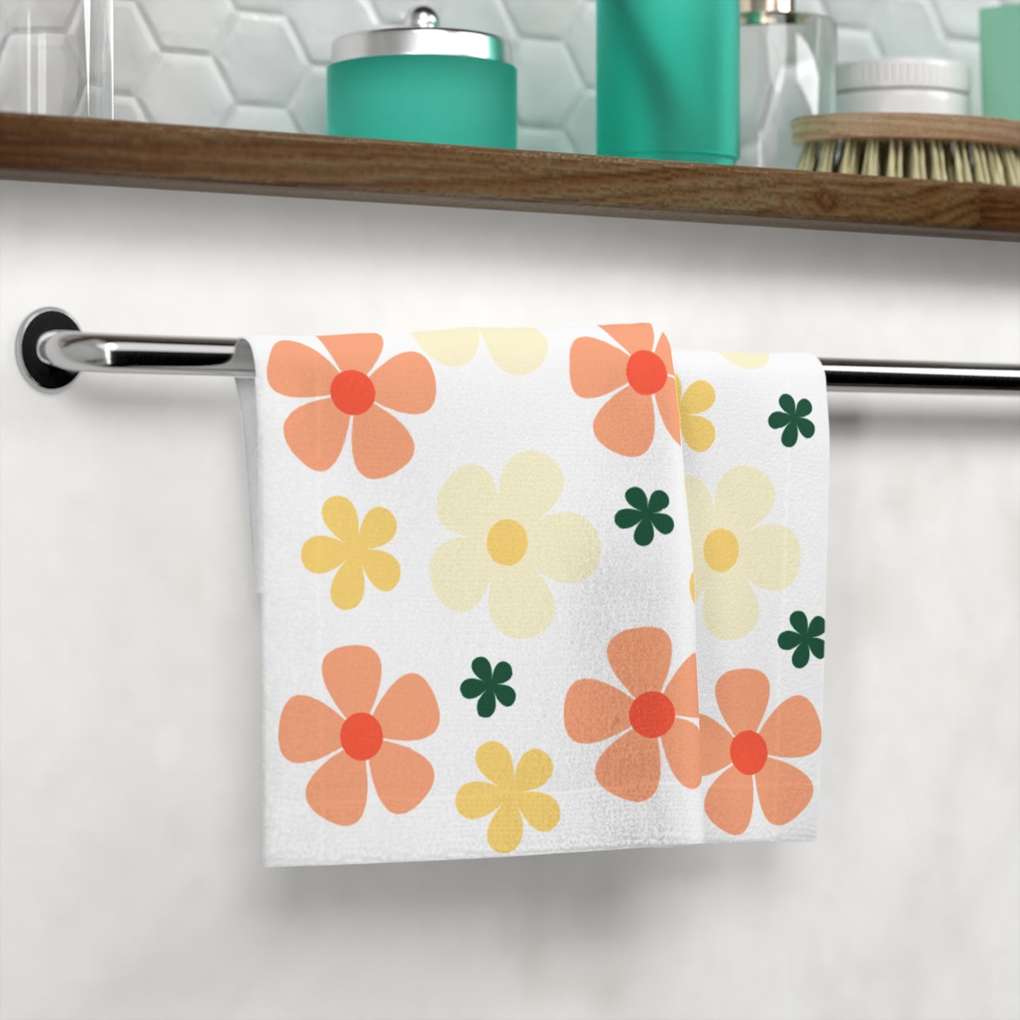 Floral Face Towel — Retro Orange & Yellow Bloom Pattern