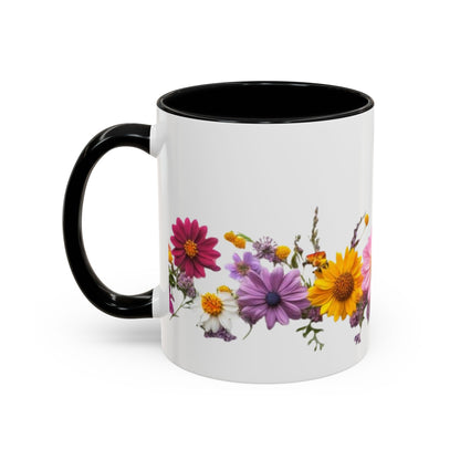 Floral Border Accent Coffee Mug — Colorful Daisy Bouquet 11/15oz