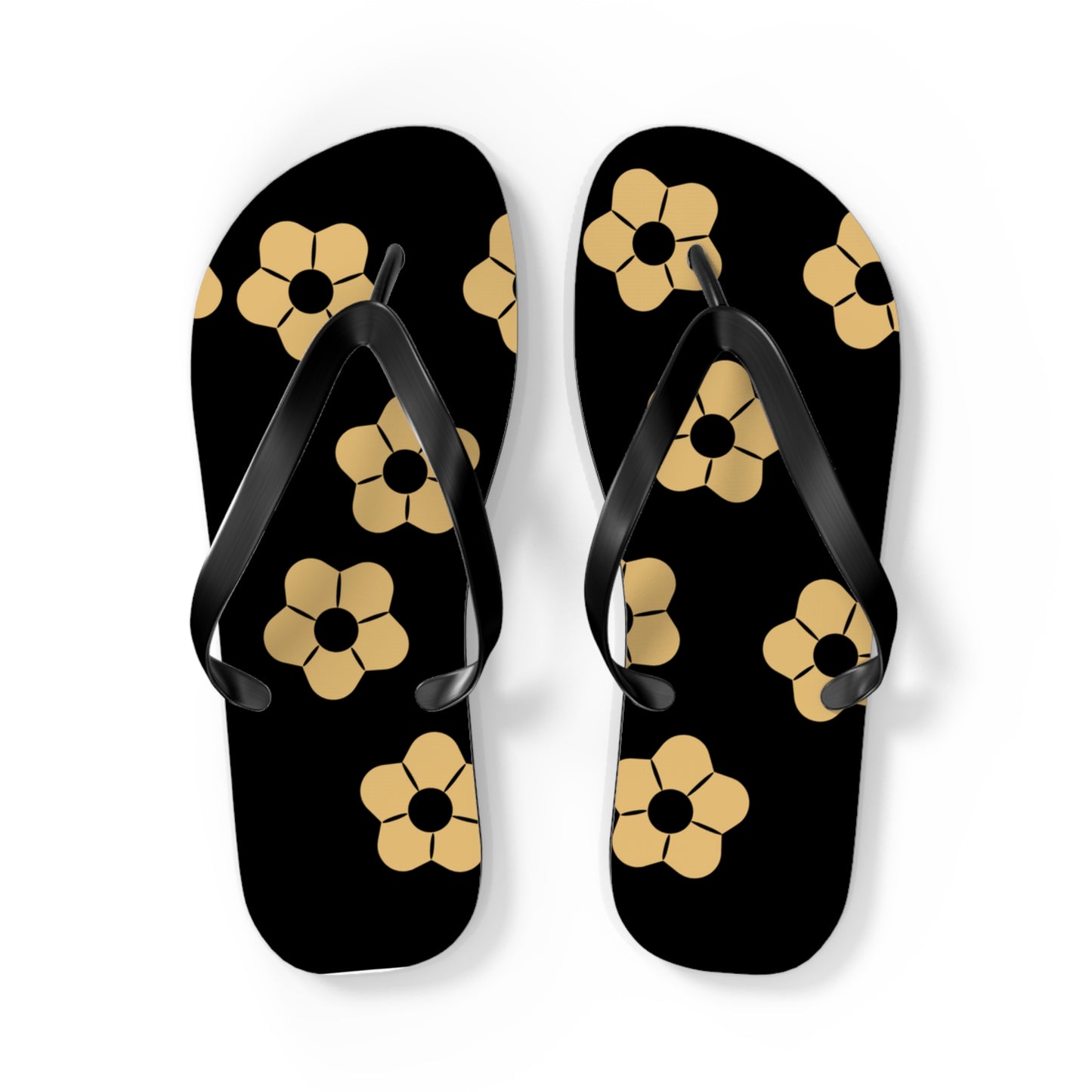 Black Floral Flip Flops – Gold Flower Pattern Beach Sandals