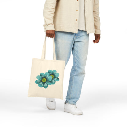 Teal Floral Tote Bag — Cotton Canvas Market Tote with Blue Flower Print