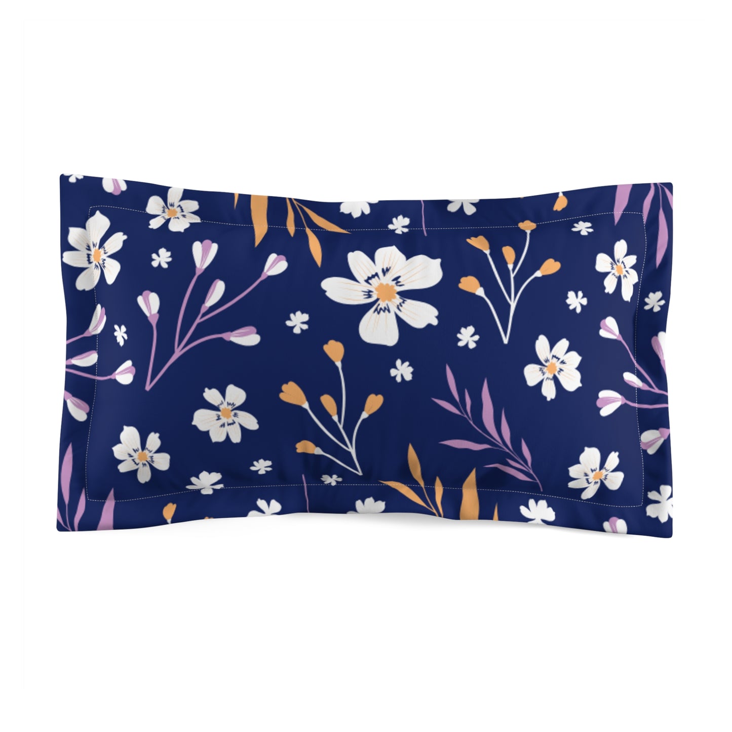 Navy Floral Pillow Sham — White & Pink Blossom Microfiber Decorative Pillowcase