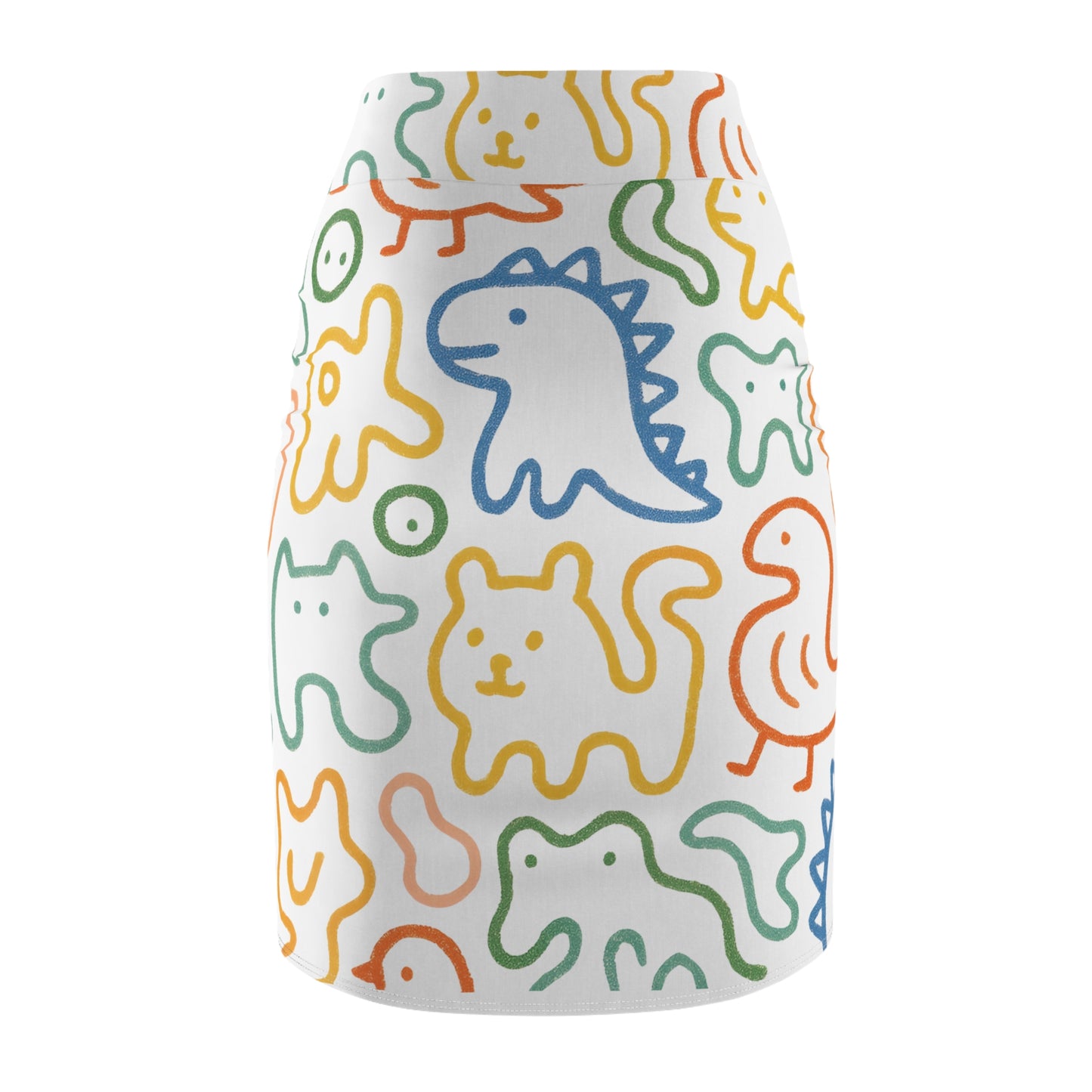 Cute Doodle Animals Pencil Skirt — Colorful Cartoon Dino & Cat All-Over Print