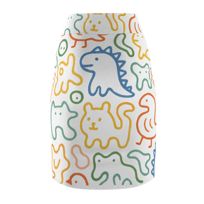 Cute Doodle Animals Pencil Skirt — Colorful Cartoon Dino & Cat All-Over Print