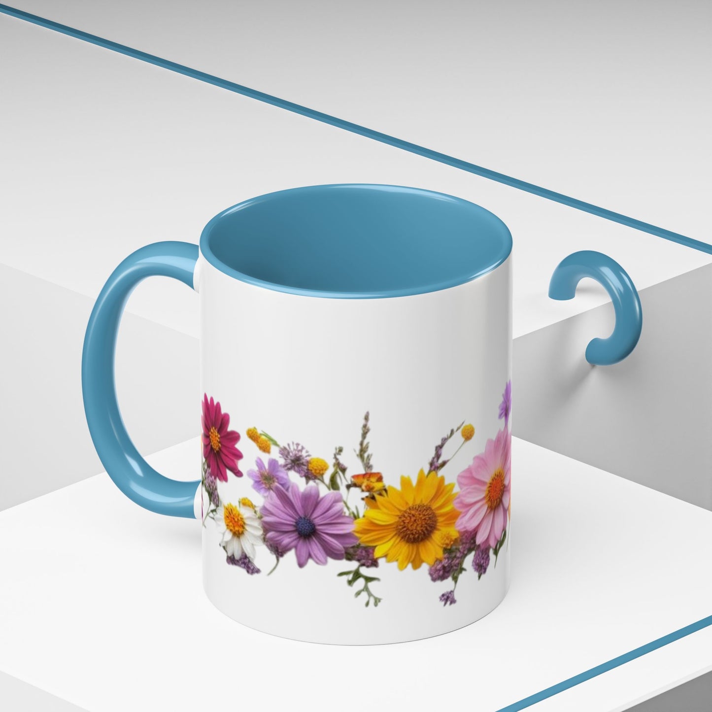 Floral Border Accent Coffee Mug — Colorful Daisy Bouquet 11/15oz