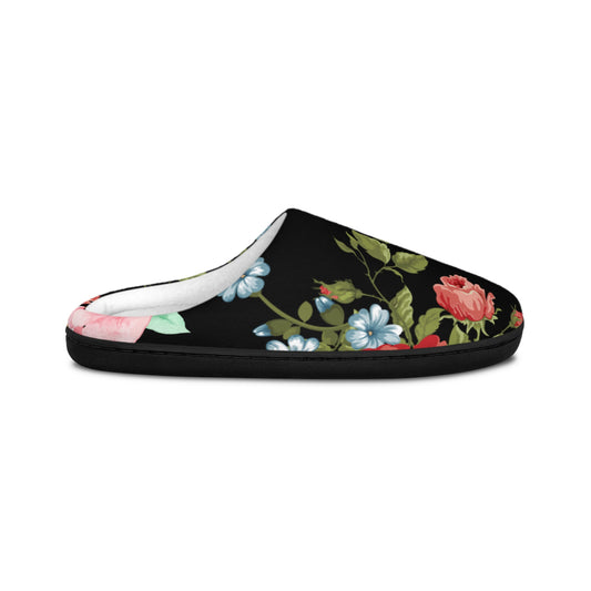 Floral Velvet Indoor Slippers — Women's Cozy Black Rose Slip-Ons