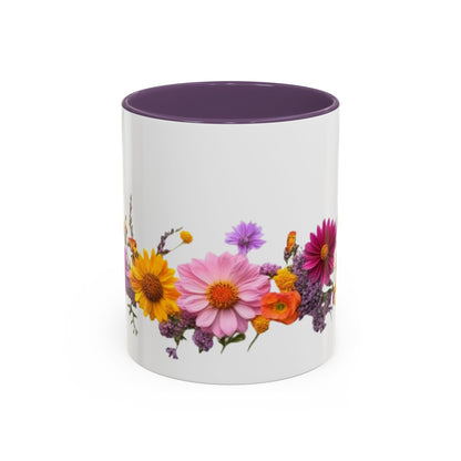Floral Border Accent Coffee Mug — Colorful Daisy Bouquet 11/15oz