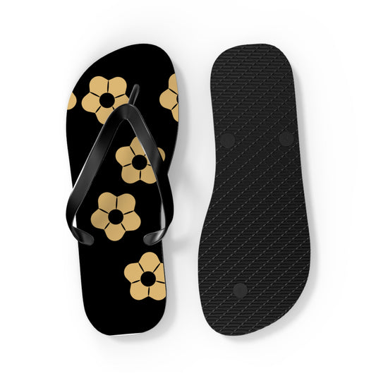 Black Floral Flip Flops – Gold Flower Pattern Beach Sandals