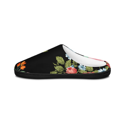 Floral Velvet Indoor Slippers — Women's Cozy Black Rose Slip-Ons