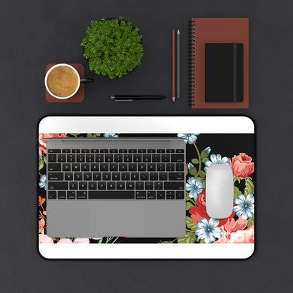 Floral Vintage Desk Mat — Black Rose & Garden Blossoms Mouse Pad