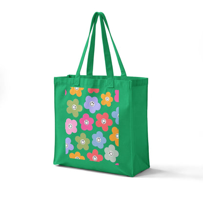 Happy Faces Floral Canvas Tote — Reusable Grocery & Market Bag