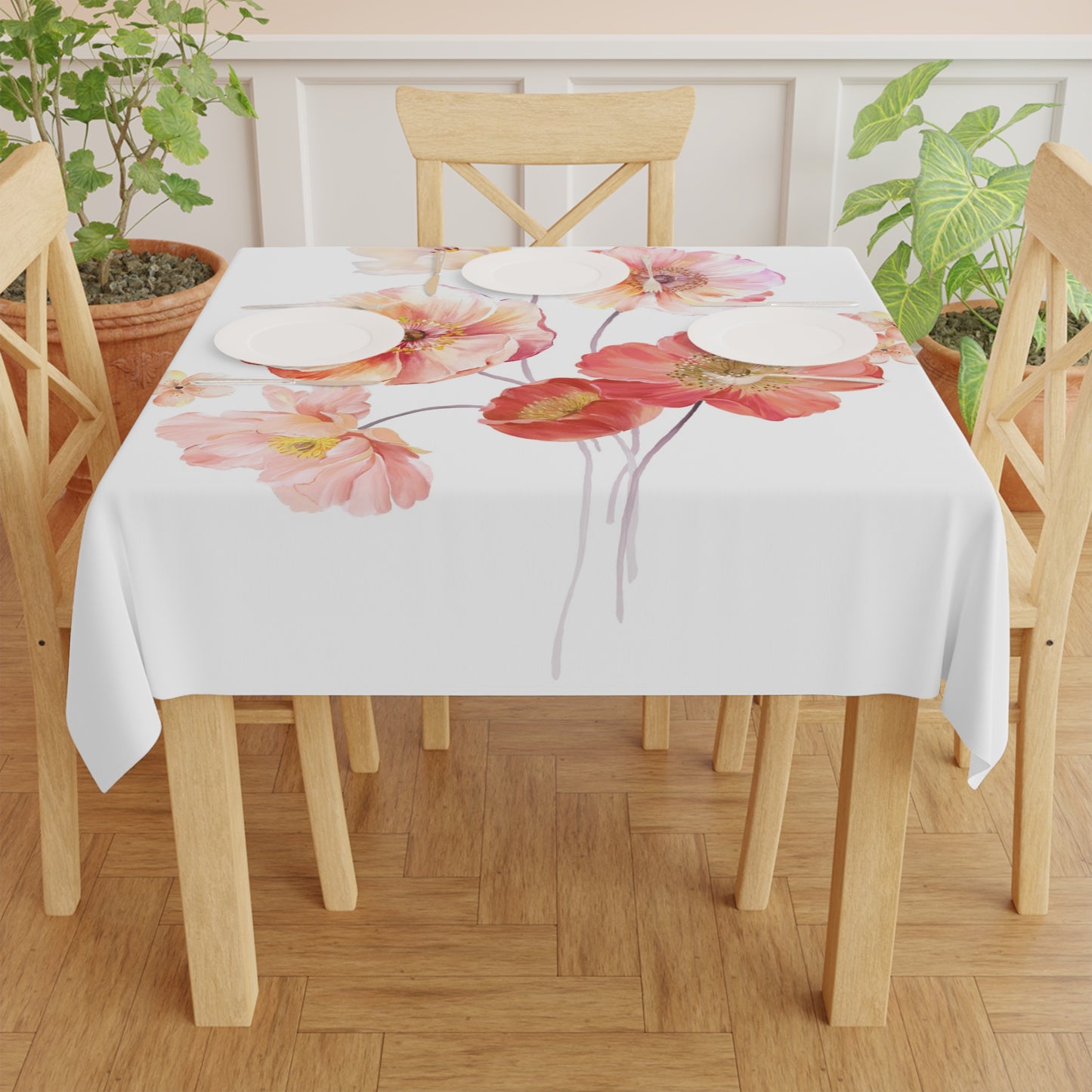 Floral Poppy Tablecloth — Watercolor Pink Poppy Table Linen for Spring & Bridal
