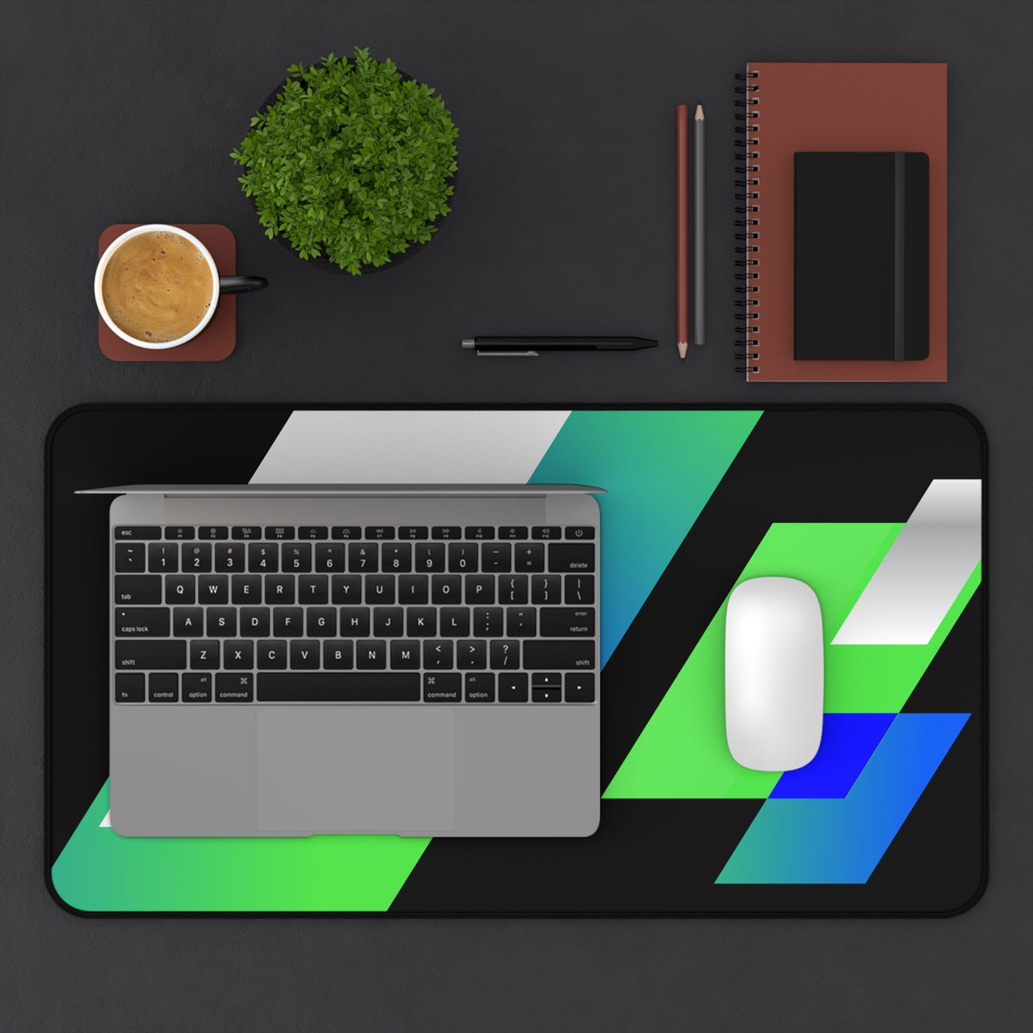Geometric Neon Desk Mat — Green & Blue Abstract Office Mouse Pad