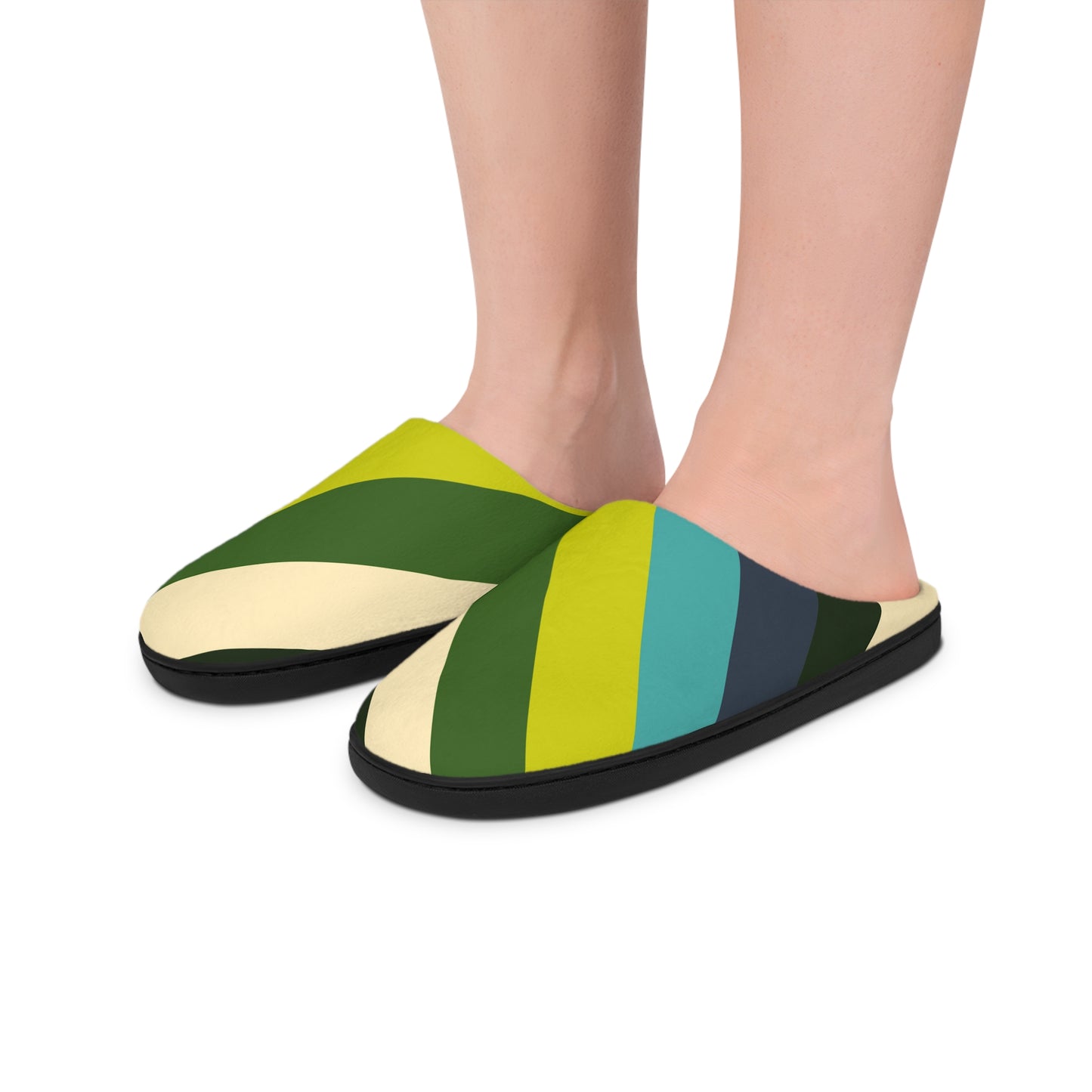 Retro Striped Men's Indoor Slippers — Cozy Green & Teal House Slides