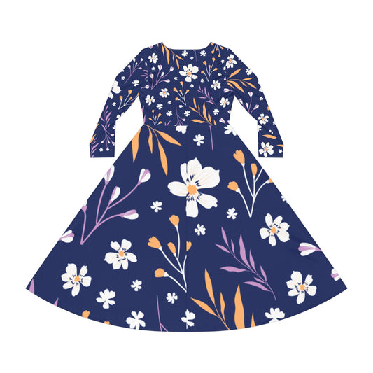 Floral Maxi Dance Dress — Navy Long-Sleeve Twirl Skater Dress