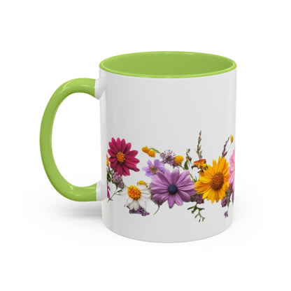 Floral Border Accent Coffee Mug — Colorful Daisy Bouquet 11/15oz