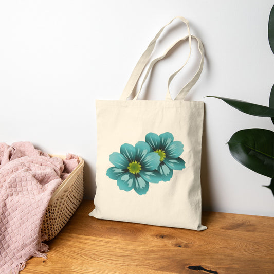 Teal Floral Tote Bag — Cotton Canvas Market Tote with Blue Flower Print