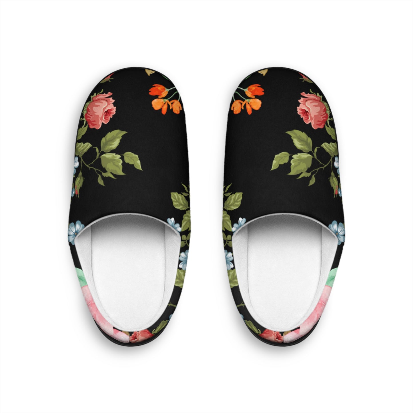 Floral Velvet Indoor Slippers — Women's Cozy Black Rose Slip-Ons