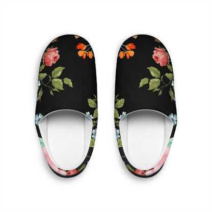 Floral Velvet Indoor Slippers — Women's Cozy Black Rose Slip-Ons