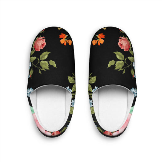 Floral Velvet Indoor Slippers — Women's Cozy Black Rose Slip-Ons