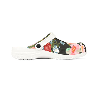 Floral EVA Foam Clogs — Women's Black Rose Garden Slip-On Shoes