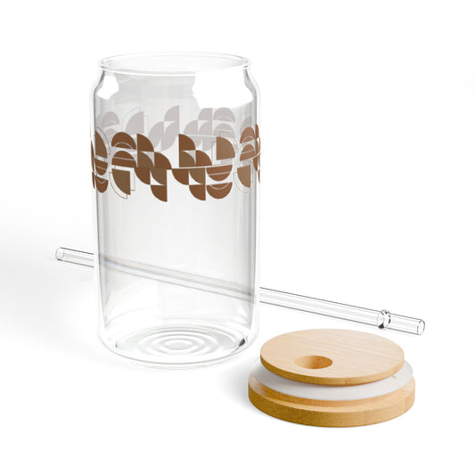 16oz Glass Sipper with Bamboo Lid — Retro Brown Wave Design