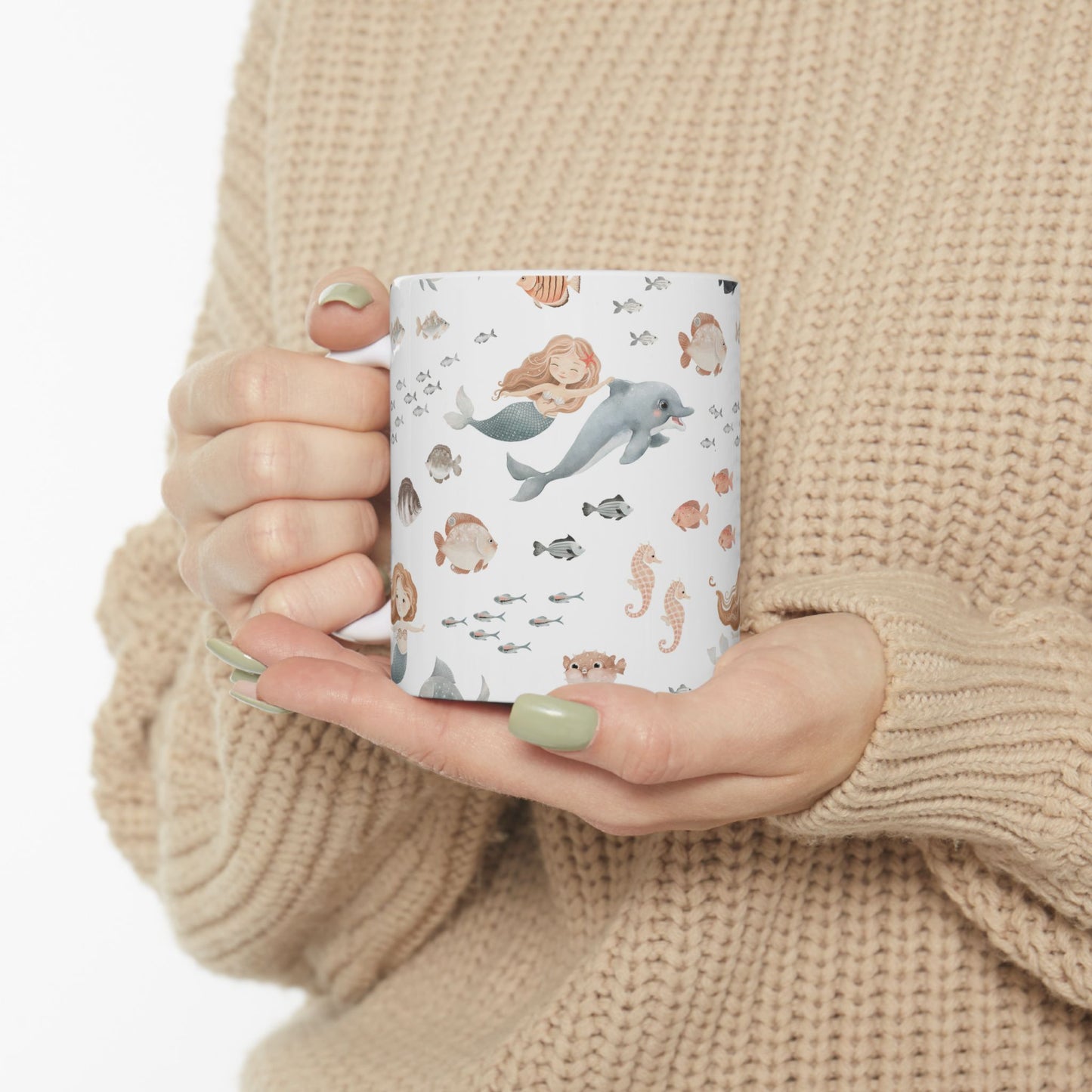 Mermaid & Sea Creatures Ceramic Mug — Cute Ocean Pattern Coffee Cup (11oz/15oz)