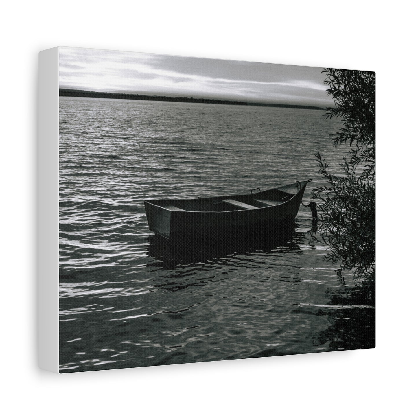 Black & White Rowboat Lake Canvas Print — Serene Nautical Wall Art