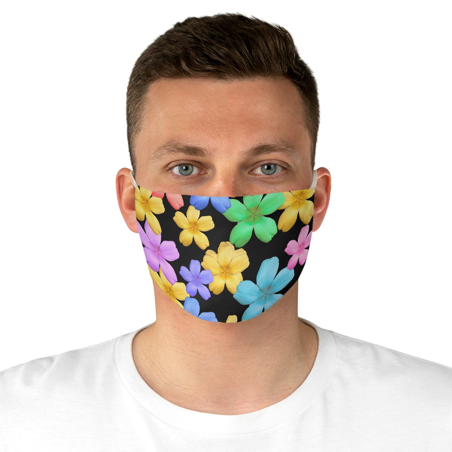 Floral Rainbow Face Mask — Colorful Plumeria Pattern on Black