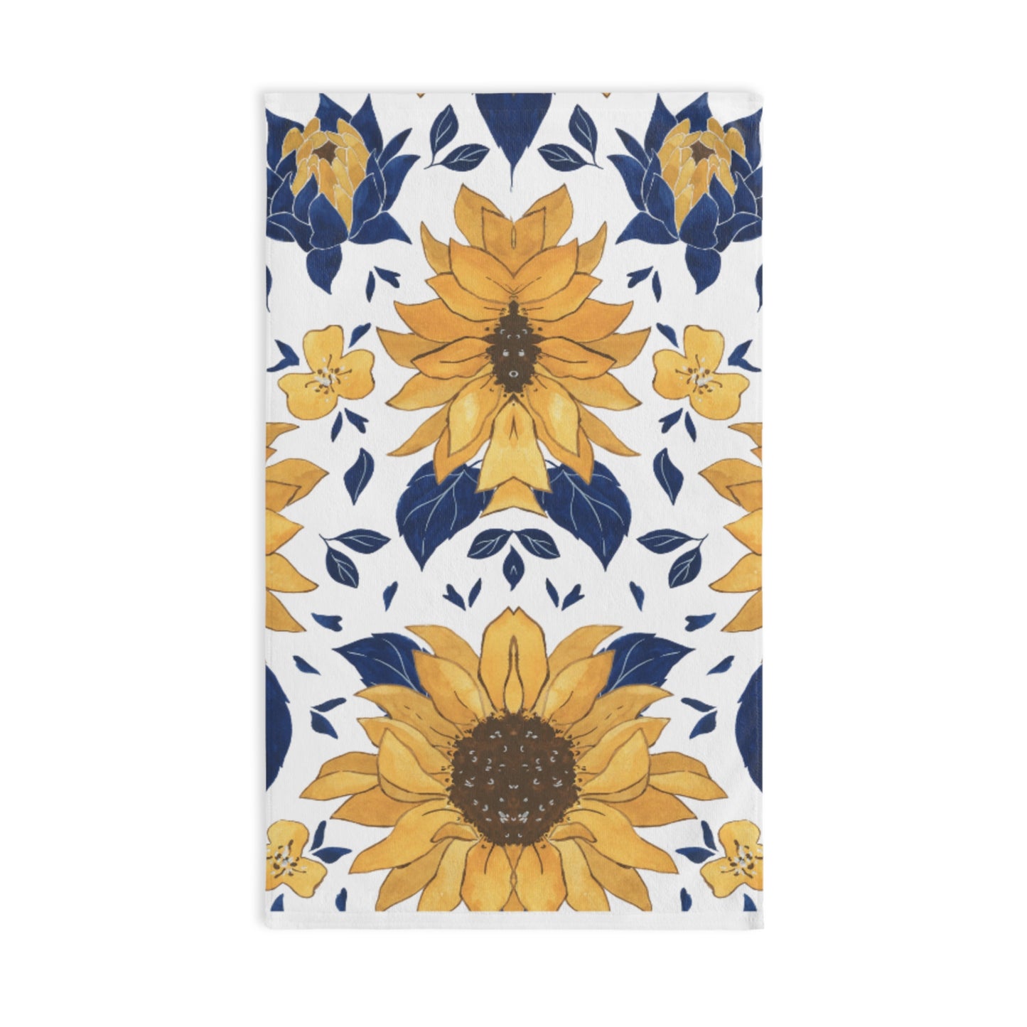 Sunflower Pattern Hand Towel — Yellow & Navy Floral Kitchen Towel