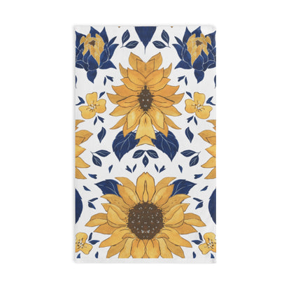Sunflower Pattern Hand Towel — Yellow & Navy Floral Kitchen Towel