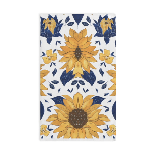 Sunflower Pattern Hand Towel — Yellow & Navy Floral Kitchen Towel