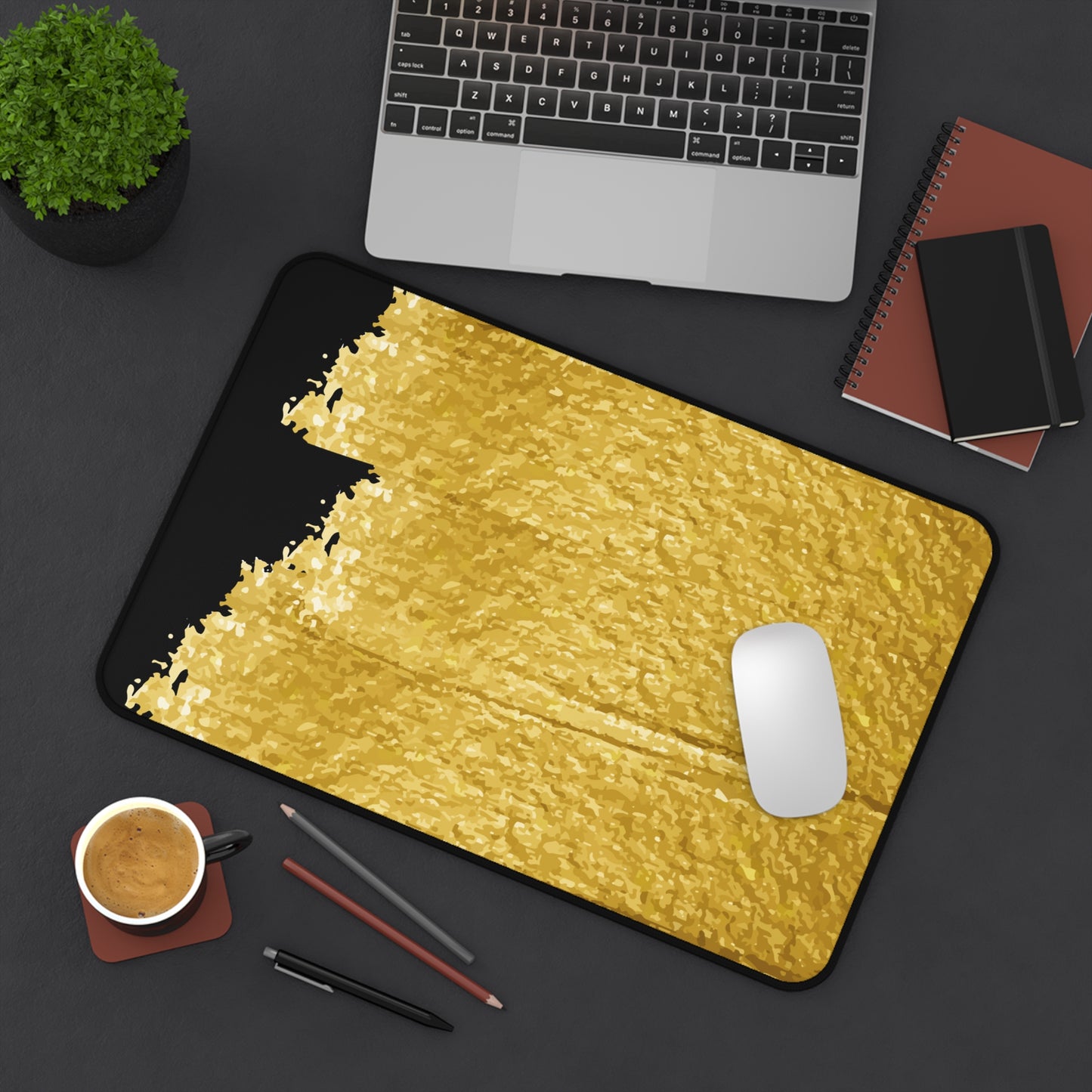 Gold Brush Stroke Desk Mat — Elegant Black & Metallic Mouse Pad for Office or Home