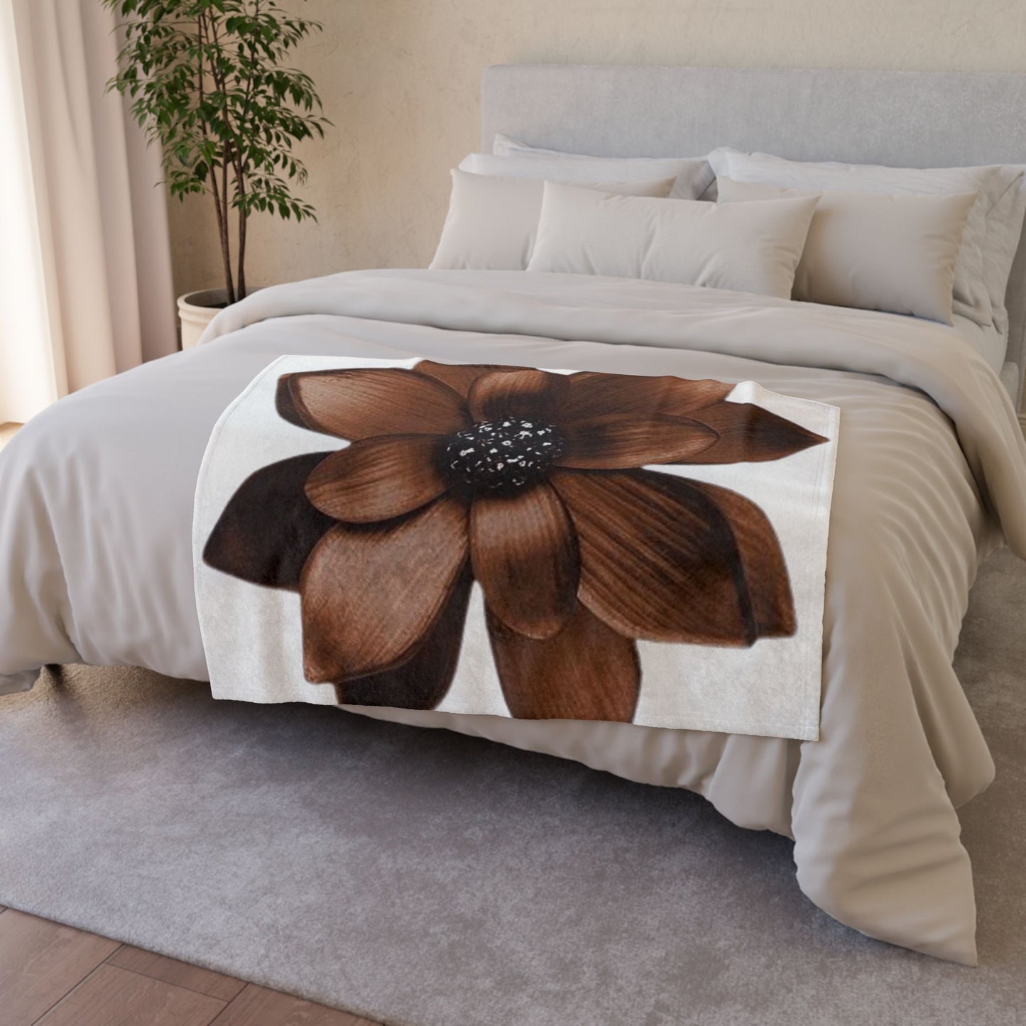 Brown Floral Plush Blanket — Cozy Decorative Throw for Living Room & Bedroom