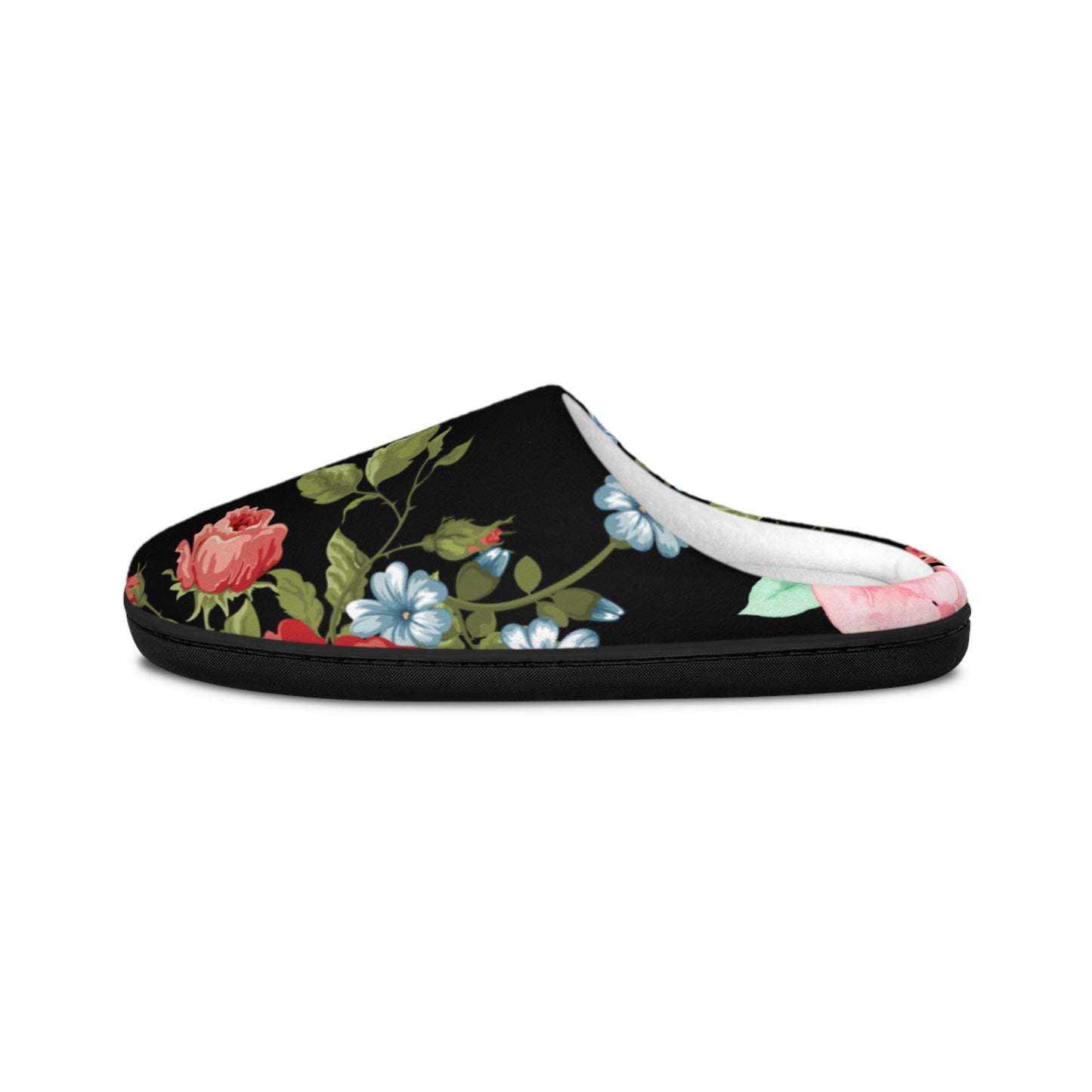 Floral Velvet Indoor Slippers — Women's Cozy Black Rose Slip-Ons
