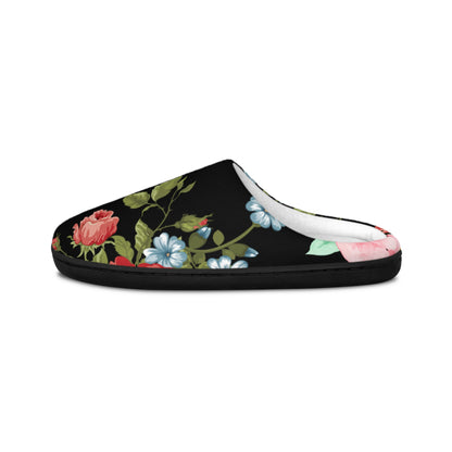 Floral Velvet Indoor Slippers — Women's Cozy Black Rose Slip-Ons