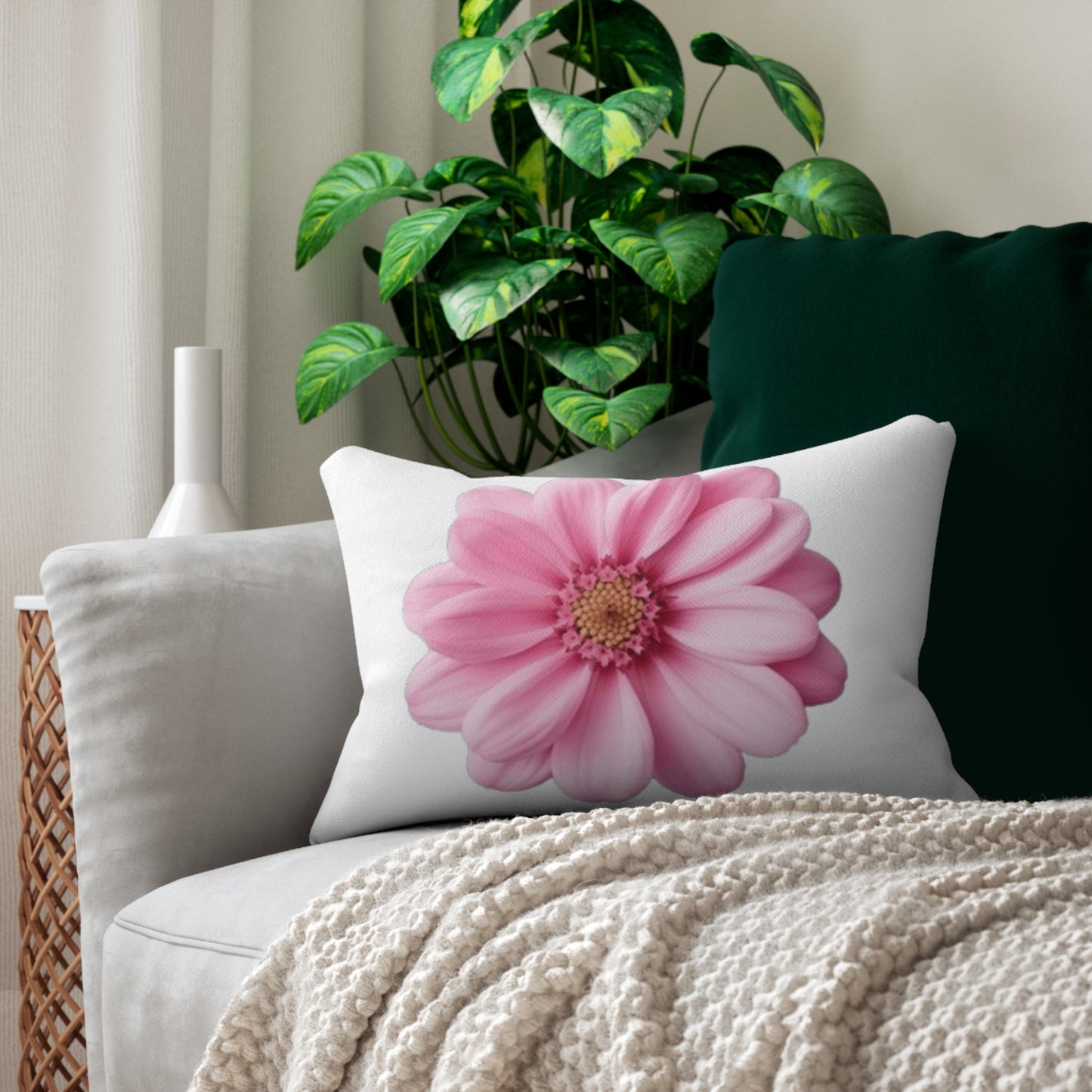 Pink Daisy Floral Lumbar Pillow — Decorative Accent Pillow for Sofa & Bed