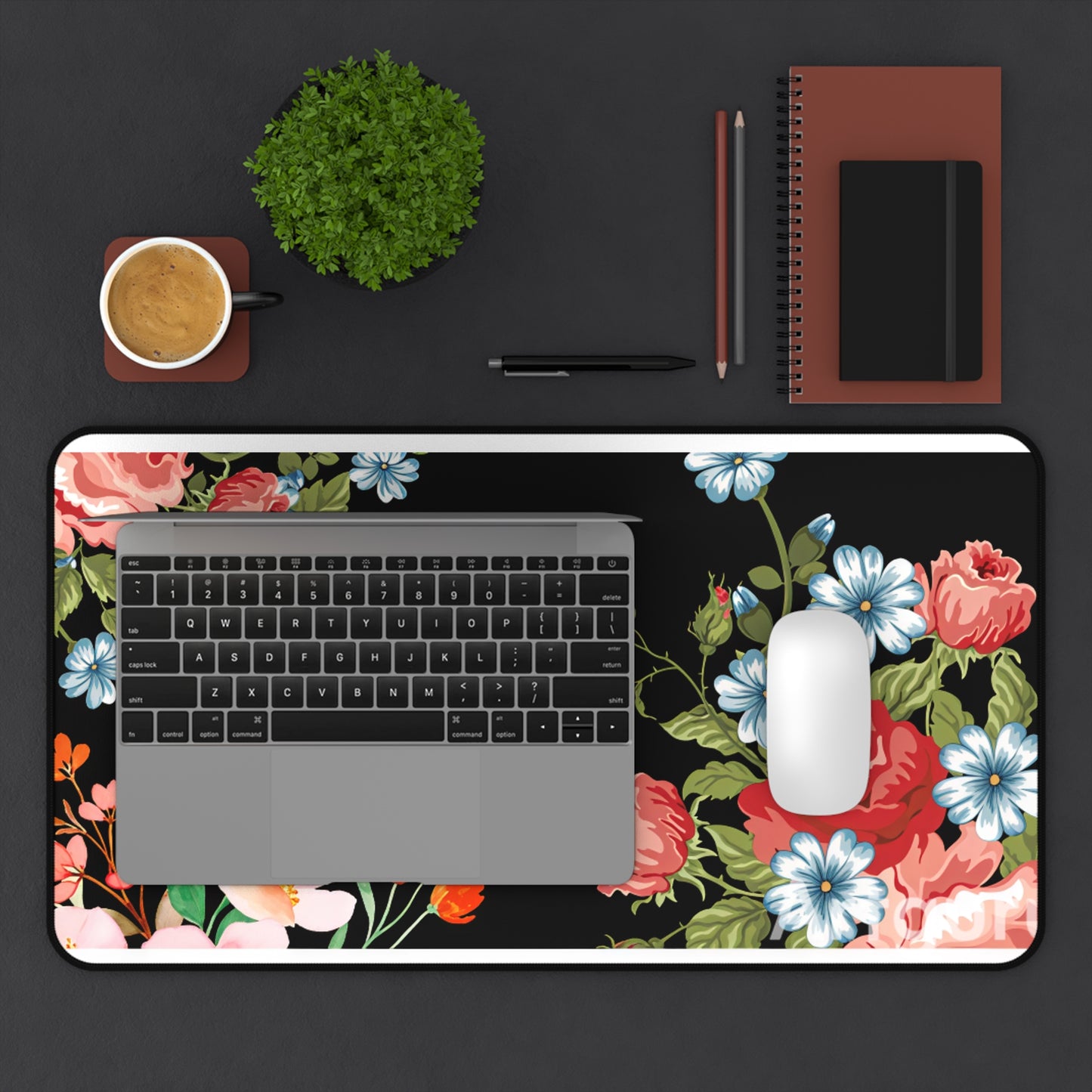 Floral Vintage Desk Mat — Black Rose & Garden Blossoms Mouse Pad