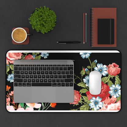 Floral Vintage Desk Mat — Black Rose & Garden Blossoms Mouse Pad