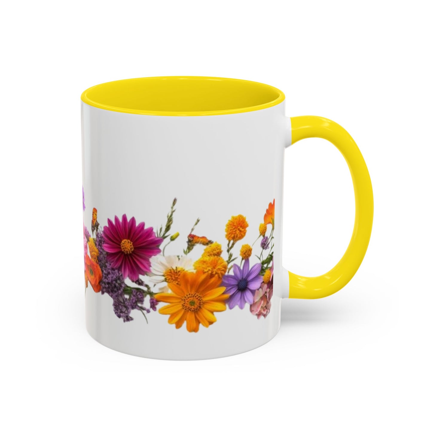 Floral Border Accent Coffee Mug — Colorful Daisy Bouquet 11/15oz