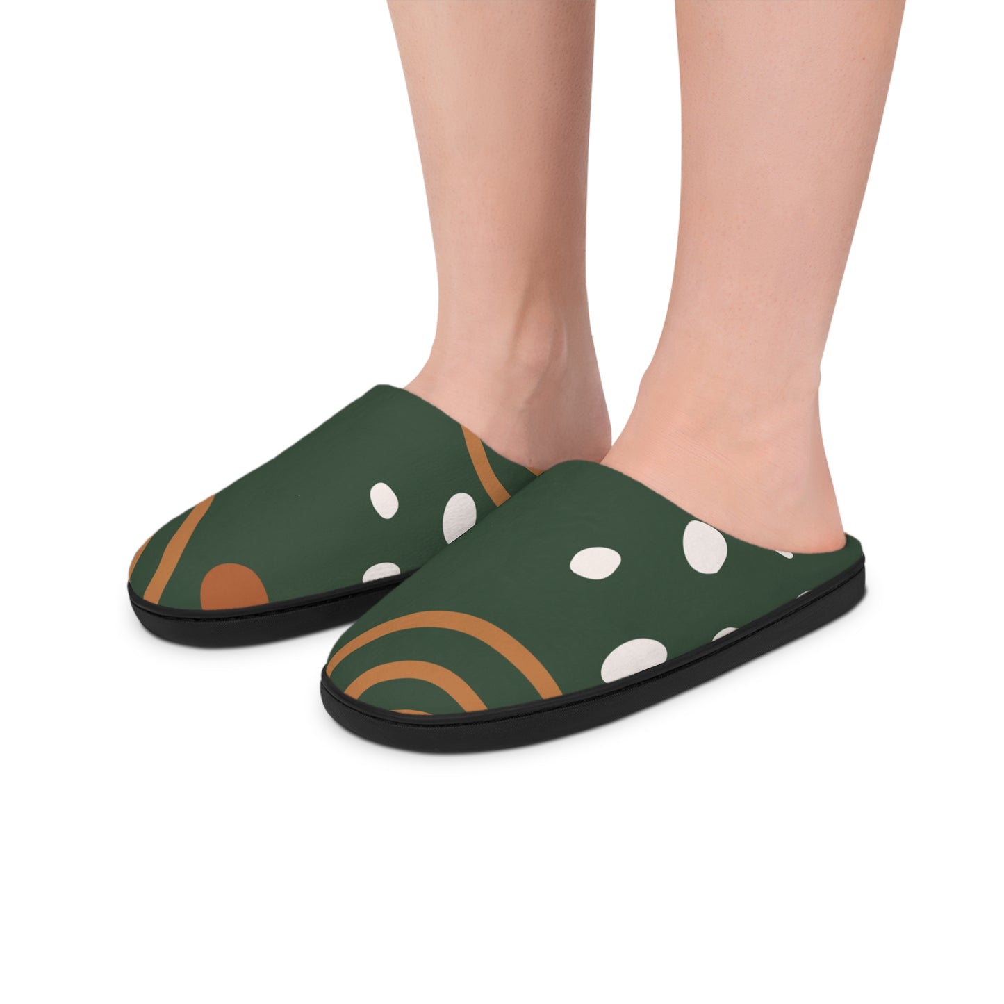 Women's Indoor Slippers — Green Abstract Dot & Curve Cozy House Slippers
