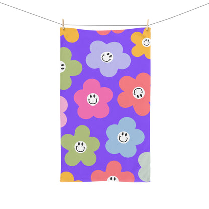 Smiley Flower Hand Towel — Colorful Retro Daisy Bathroom & Kitchen Towel